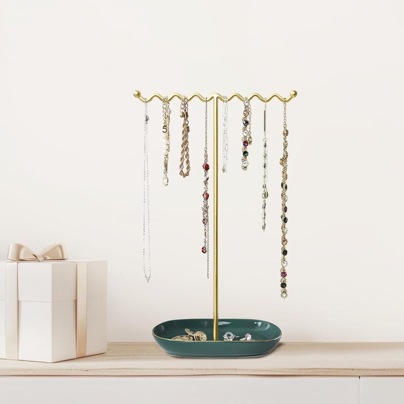 Saydear Elegant Jewelry Holder Tree Stand with Ceramic Tray - Metal Necklace Holder Organizer for Rings Bracelets Earrings - Tangle Free, Rustproof Decorative Display for Vanity Dresser Emerald Green - Image 2